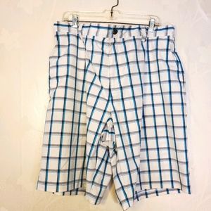 Sz 40 Adidas men's plaid shorts white blue